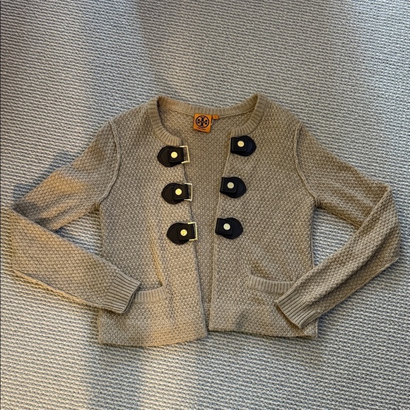 Tory Burch ladies beige cardigan with chocolate Brown Leather closure details